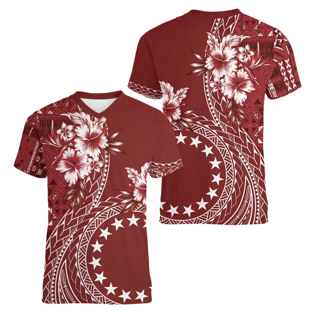 Kia Orana Cook Islands Women V-Neck T-Shirt Tiare and Stars - Scarlet