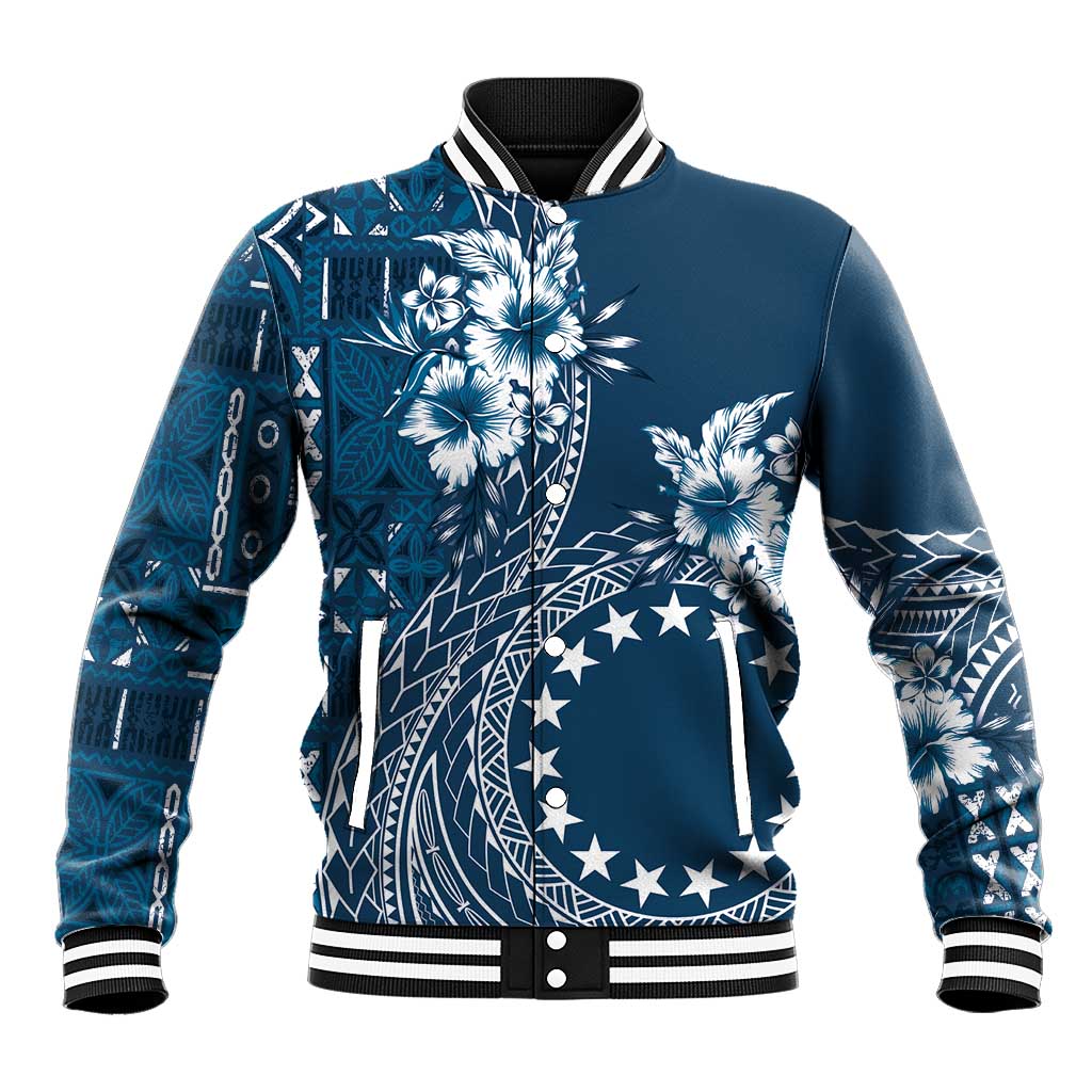 Kia Orana Cook Islands Baseball Jacket Tiare and Stars - Navy Blue LT7 Unisex Navy Blue - Polynesian Pride