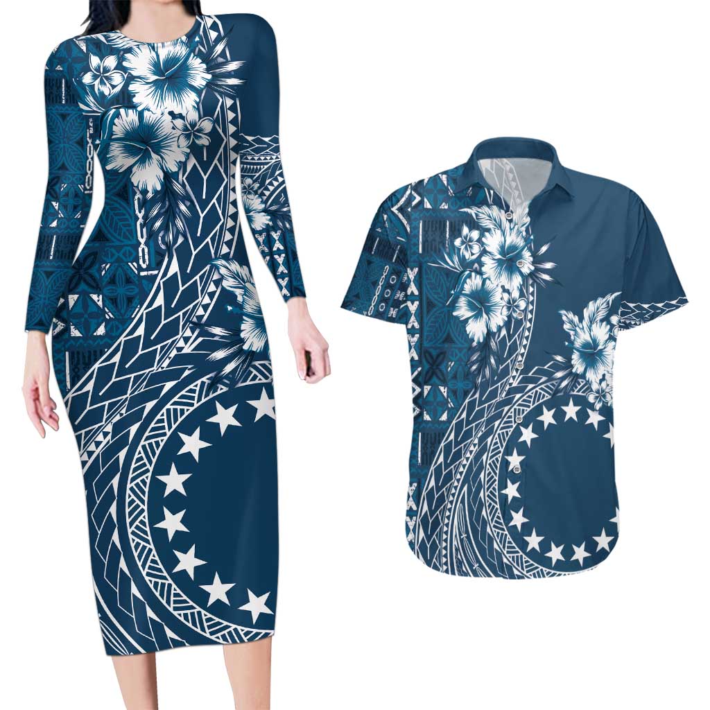 Kia Orana Cook Islands Couples Matching Long Sleeve Bodycon Dress and Hawaiian Shirt Tiare and Stars - Navy Blue