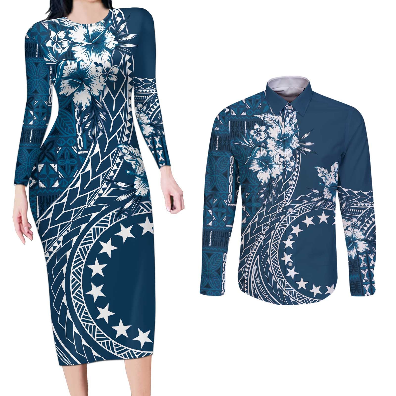 Kia Orana Cook Islands Couples Matching Long Sleeve Bodycon Dress and Long Sleeve Button Shirt Tiare and Stars - Navy Blue LT7 Navy Blue - Polynesian Pride