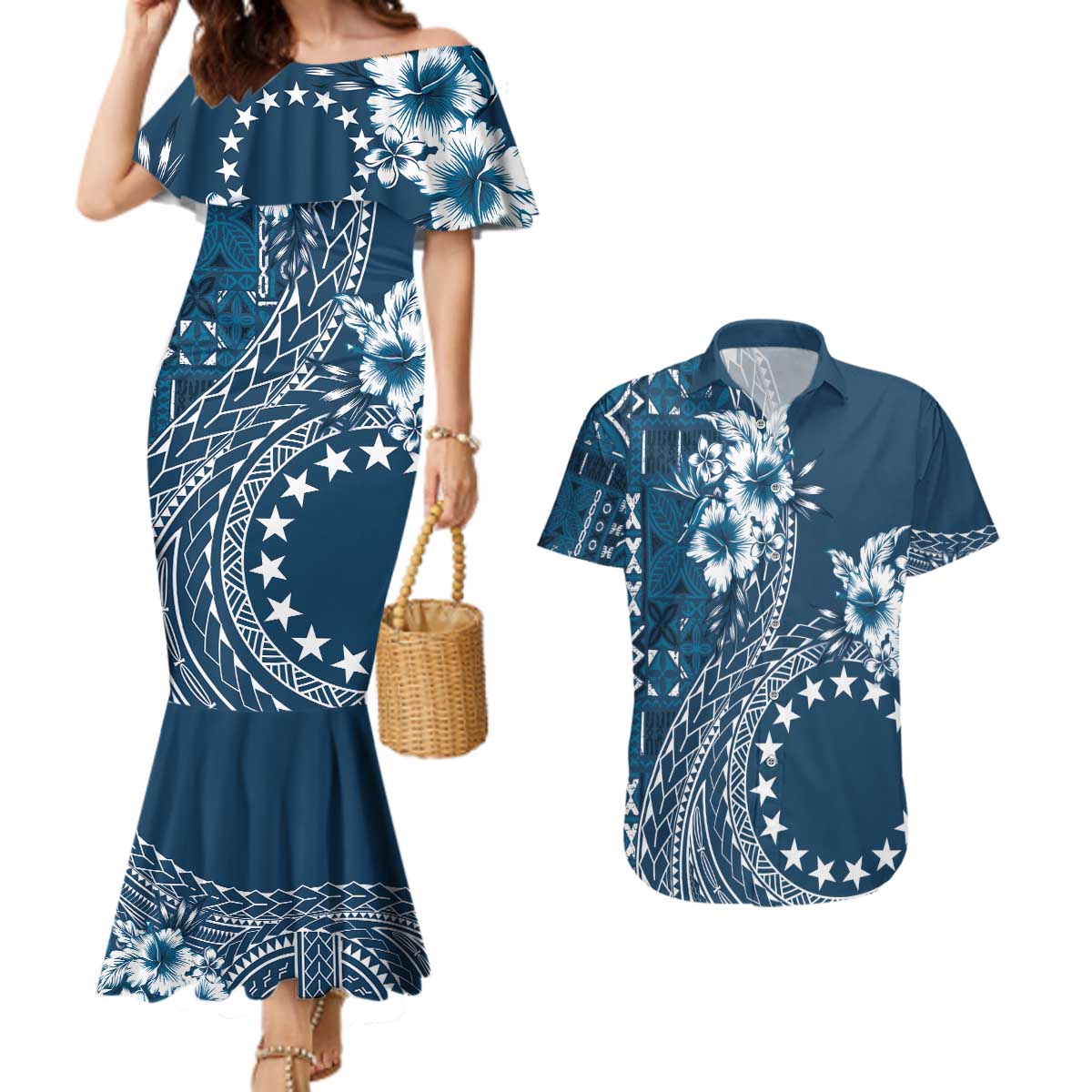 Kia Orana Cook Islands Couples Matching Mermaid Dress and Hawaiian Shirt Tiare and Stars - Navy Blue