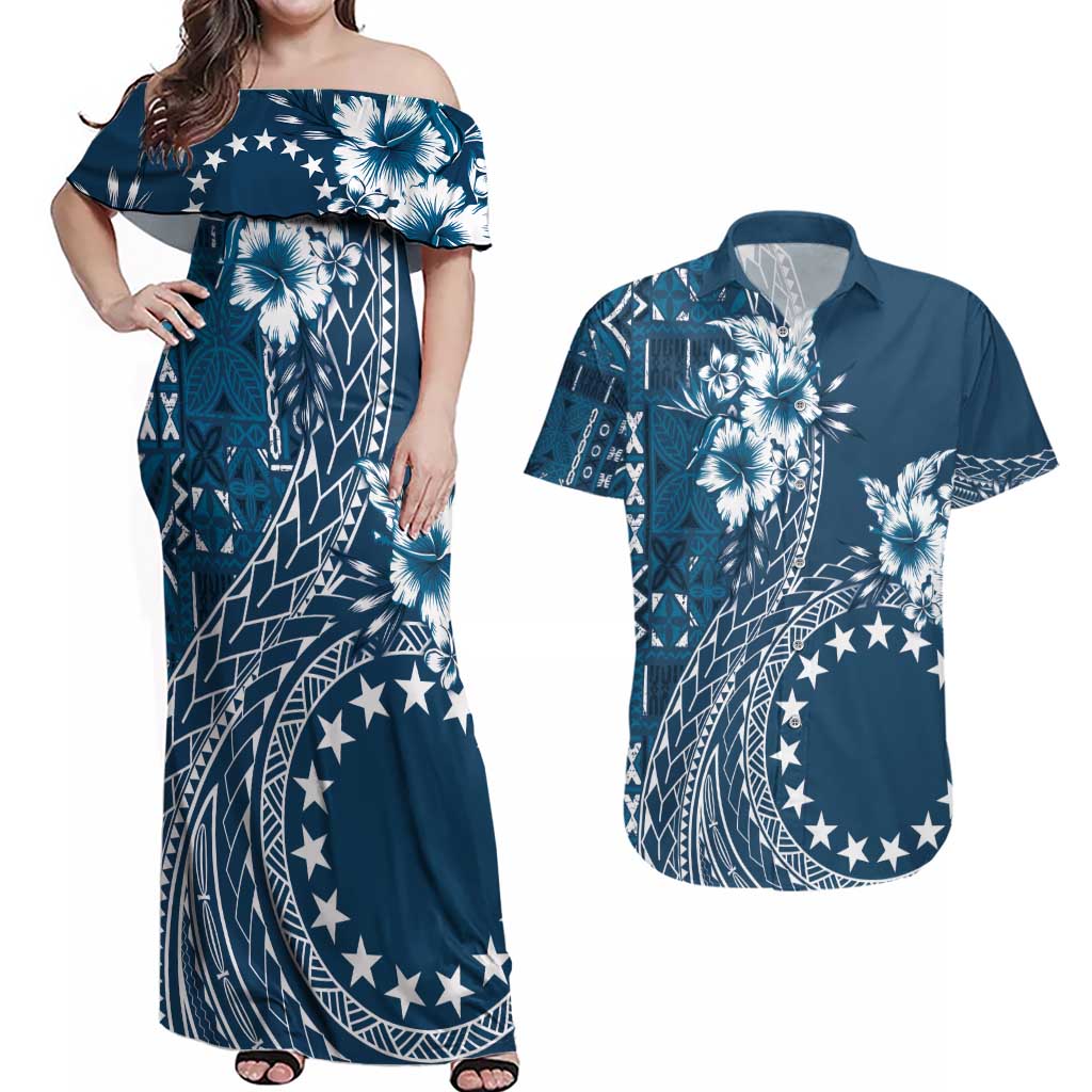 Kia Orana Cook Islands Couples Matching Off Shoulder Maxi Dress and Hawaiian Shirt Tiare and Stars - Navy Blue