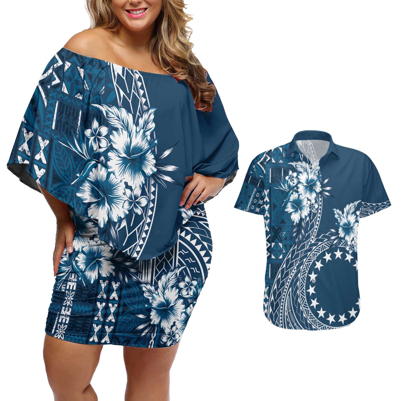 Kia Orana Cook Islands Couples Matching Off Shoulder Short Dress and Hawaiian Shirt Tiare and Stars - Navy Blue LT7 Navy Blue - Polynesian Pride