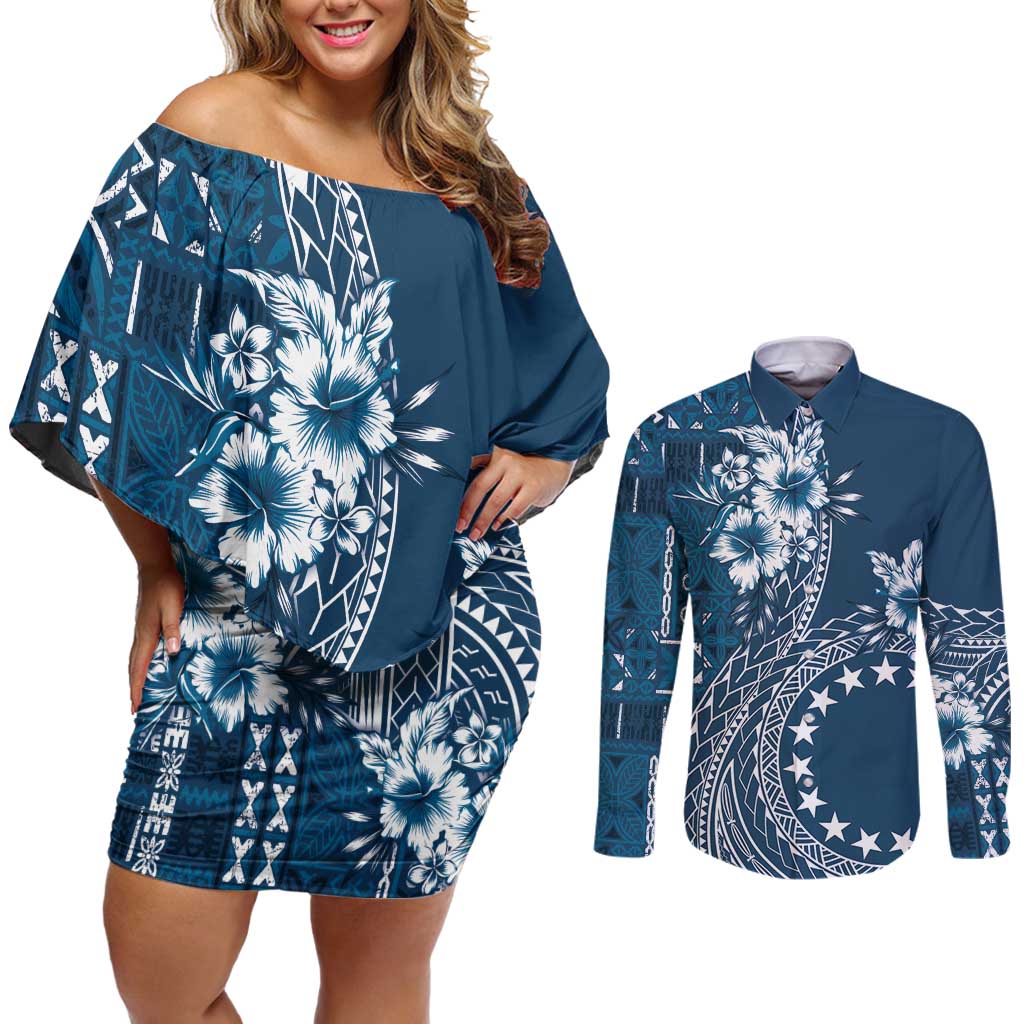 Kia Orana Cook Islands Couples Matching Off Shoulder Short Dress and Long Sleeve Button Shirt Tiare and Stars - Navy Blue LT7 Navy Blue - Polynesian Pride
