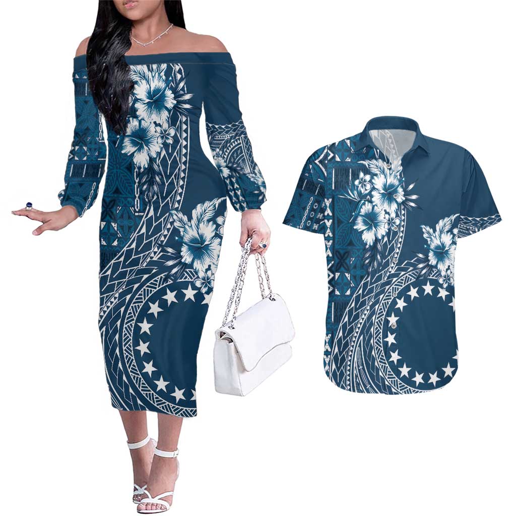 Kia Orana Cook Islands Couples Matching Off The Shoulder Long Sleeve Dress and Hawaiian Shirt Tiare and Stars - Navy Blue