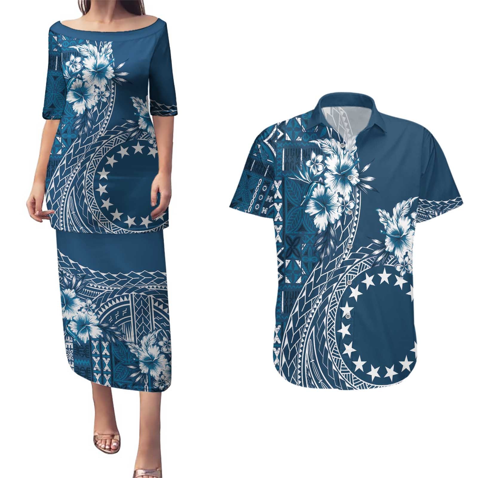 Kia Orana Cook Islands Couples Matching Puletasi and Hawaiian Shirt Tiare and Stars - Navy Blue LT7 Navy Blue - Polynesian Pride