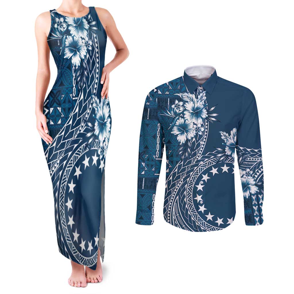 Kia Orana Cook Islands Couples Matching Tank Maxi Dress and Long Sleeve Button Shirt Tiare and Stars - Navy Blue LT7 Navy Blue - Polynesian Pride