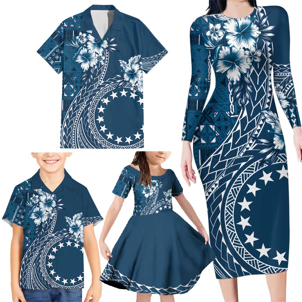 Kia Orana Cook Islands Family Matching Long Sleeve Bodycon Dress and Hawaiian Shirt Tiare and Stars - Navy Blue LT7 - Polynesian Pride