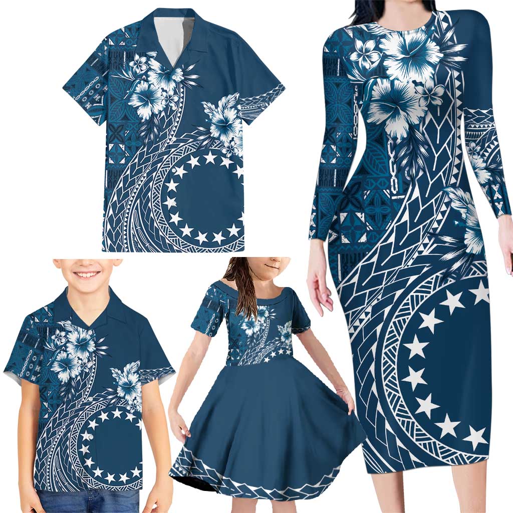 Kia Orana Cook Islands Family Matching Long Sleeve Bodycon Dress and Hawaiian Shirt Tiare and Stars - Navy Blue