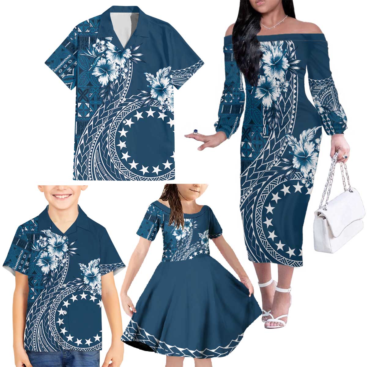 Kia Orana Cook Islands Family Matching Off The Shoulder Long Sleeve Dress and Hawaiian Shirt Tiare and Stars - Navy Blue LT7 - Polynesian Pride