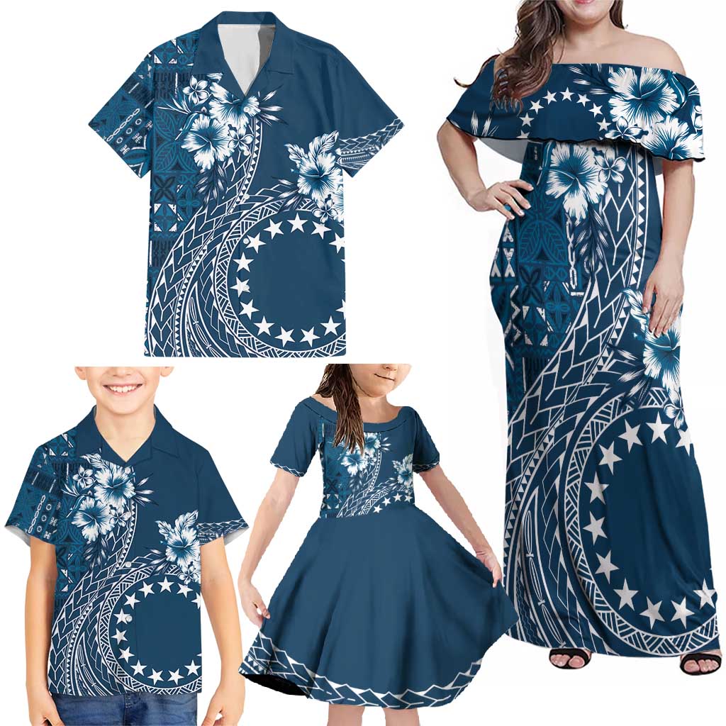 Kia Orana Cook Islands Family Matching Off Shoulder Maxi Dress and Hawaiian Shirt Tiare and Stars - Navy Blue