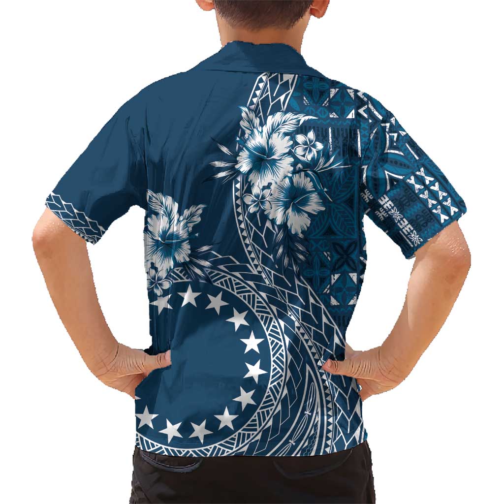 Kia Orana Cook Islands Family Matching Short Sleeve Bodycon Dress and Hawaiian Shirt Tiare and Stars - Navy Blue