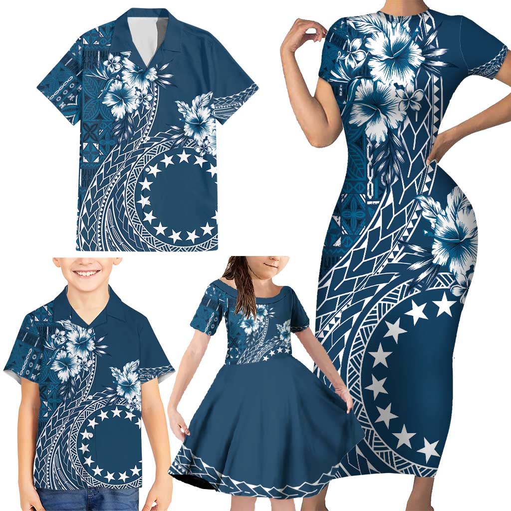 Kia Orana Cook Islands Family Matching Short Sleeve Bodycon Dress and Hawaiian Shirt Tiare and Stars - Navy Blue LT7 - Polynesian Pride