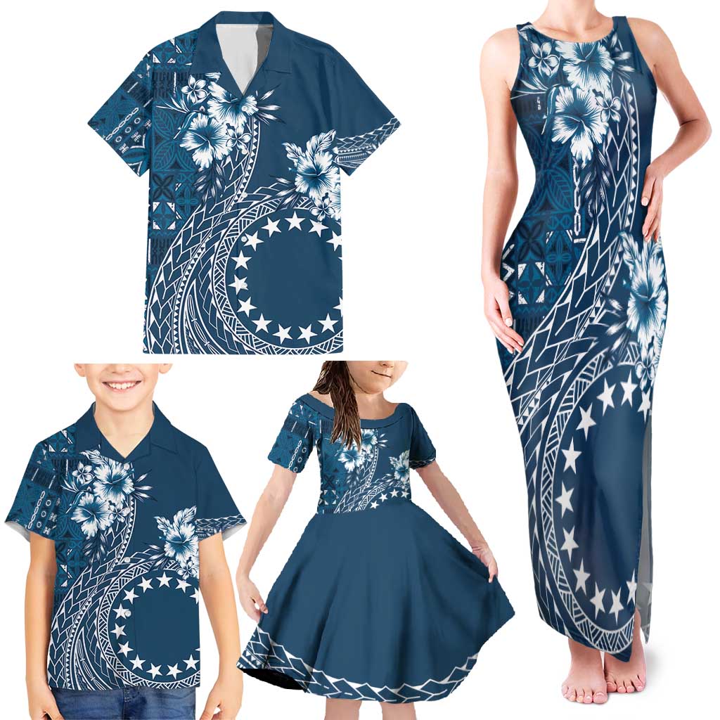 Kia Orana Cook Islands Family Matching Tank Maxi Dress and Hawaiian Shirt Tiare and Stars - Navy Blue LT7 - Polynesian Pride
