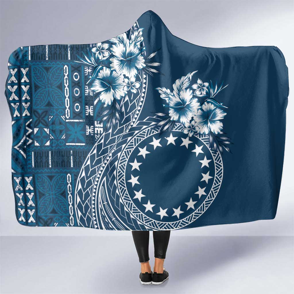 Kia Orana Cook Islands Hooded Blanket Tiare and Stars - Navy Blue