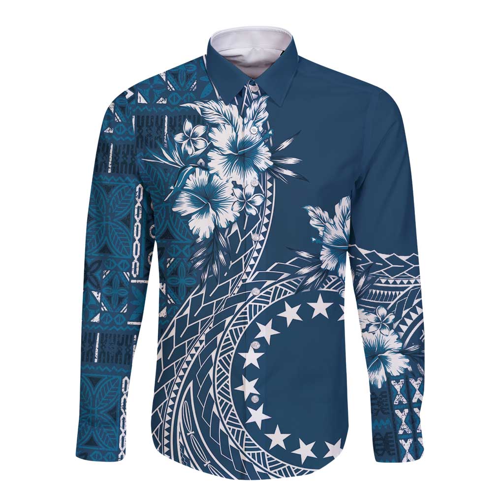 Kia Orana Cook Islands Long Sleeve Button Shirt Tiare and Stars - Navy Blue