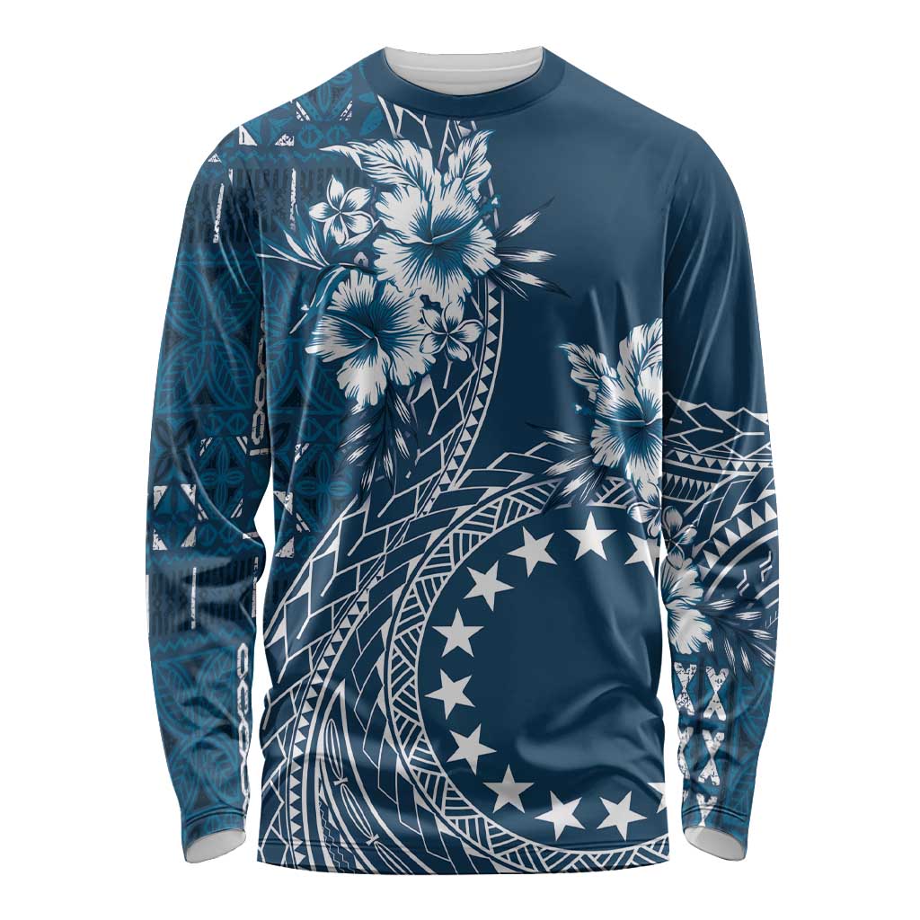 Kia Orana Cook Islands Long Sleeve Shirt Tiare and Stars - Navy Blue