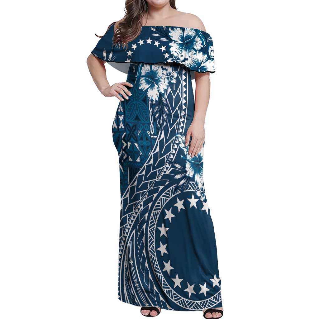 Kia Orana Cook Islands Off Shoulder Maxi Dress Tiare and Stars - Navy Blue LT7 Women Navy Blue - Polynesian Pride