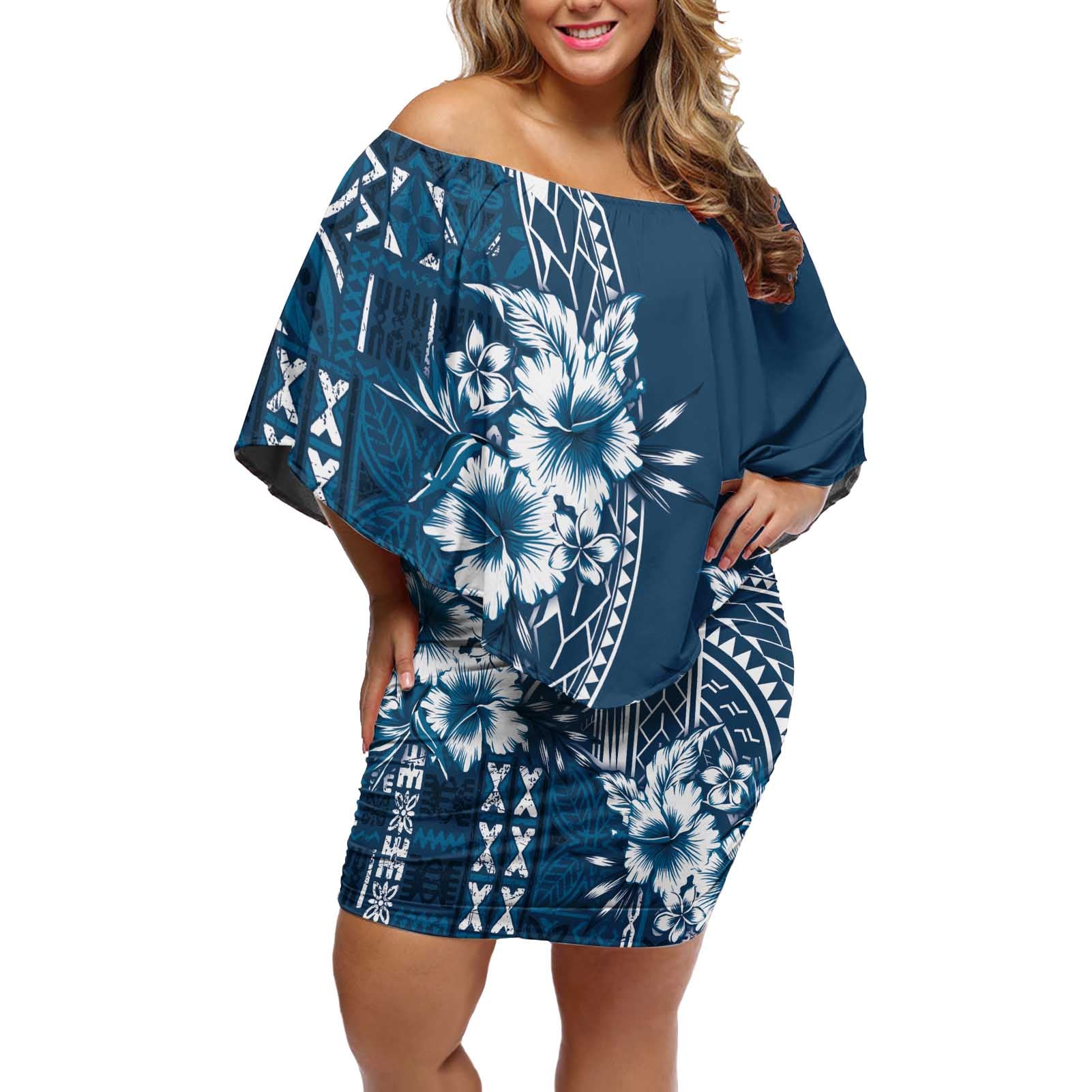 Kia Orana Cook Islands Off Shoulder Short Dress Tiare and Stars - Navy Blue