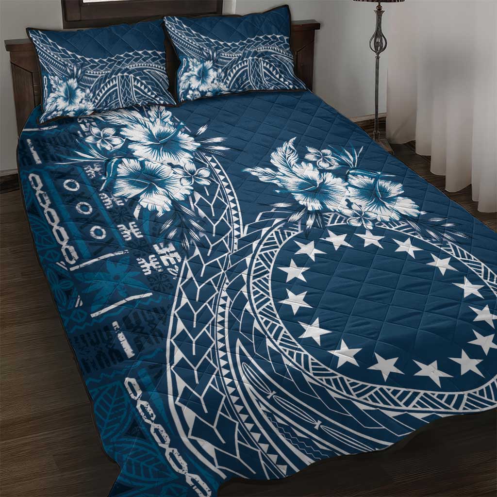 Kia Orana Cook Islands Quilt Bed Set Tiare and Stars - Navy Blue