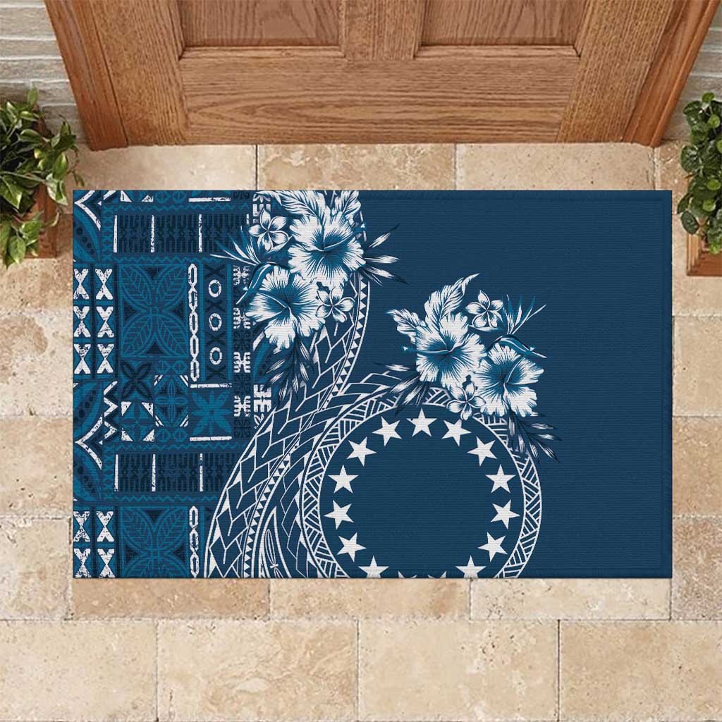 Kia Orana Cook Islands Rubber Doormat Tiare and Stars - Navy Blue LT7 Navy Blue - Polynesian Pride