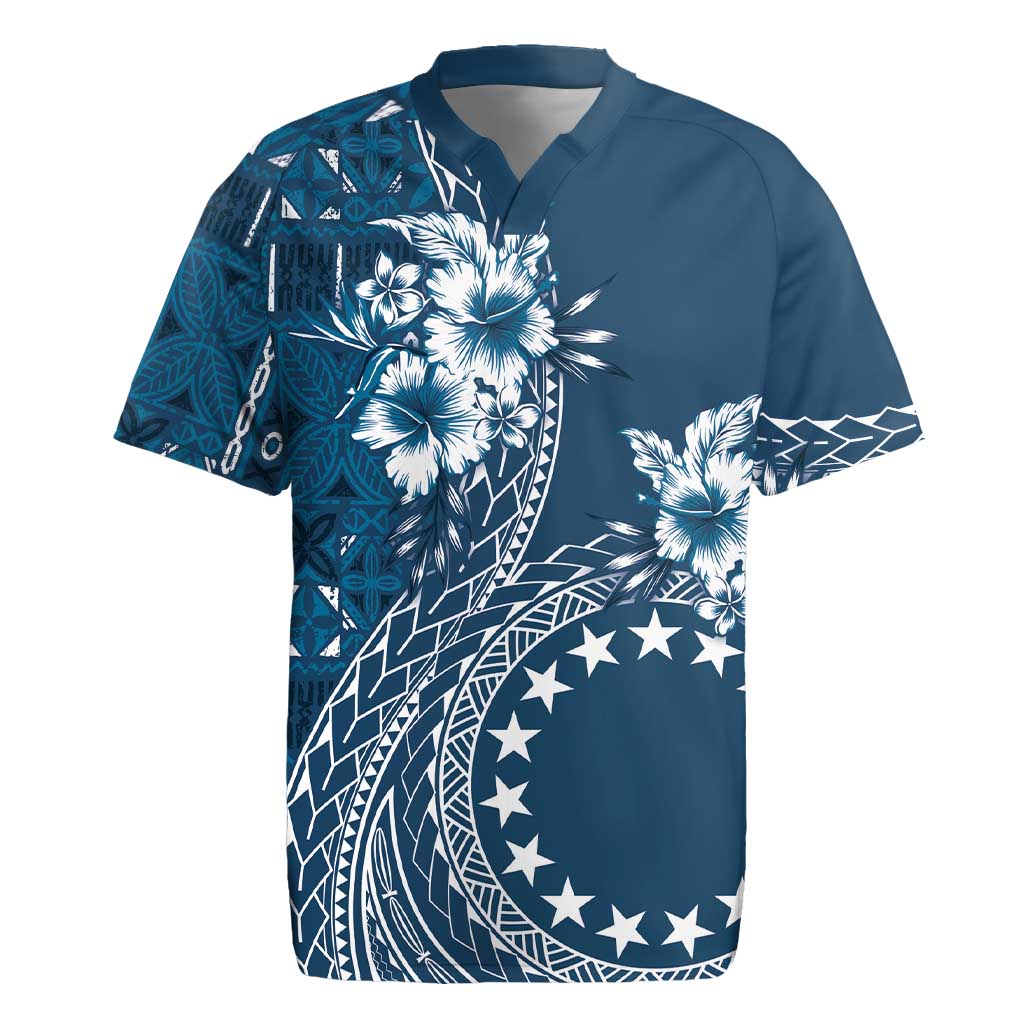 Kia Orana Cook Islands Rugby Jersey Tiare and Stars - Navy Blue LT7 Navy Blue - Polynesian Pride