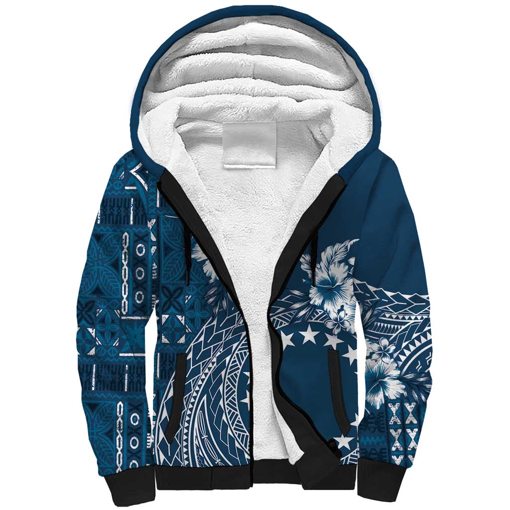 Kia Orana Cook Islands Sherpa Hoodie Tiare and Stars - Navy Blue LT7 Unisex Navy Blue - Polynesian Pride