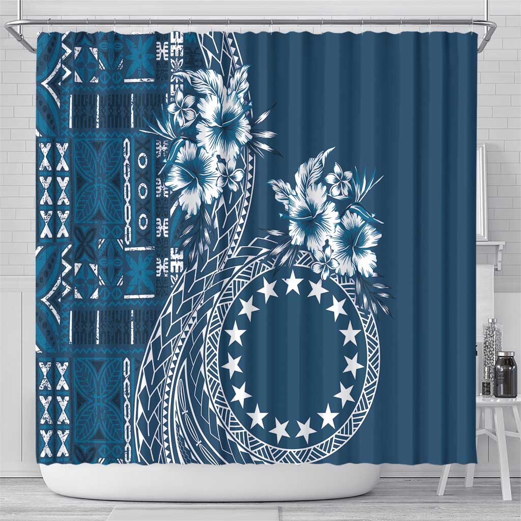 Kia Orana Cook Islands Shower Curtain Tiare and Stars - Navy Blue