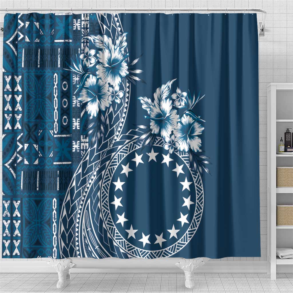 Kia Orana Cook Islands Shower Curtain Tiare and Stars - Navy Blue
