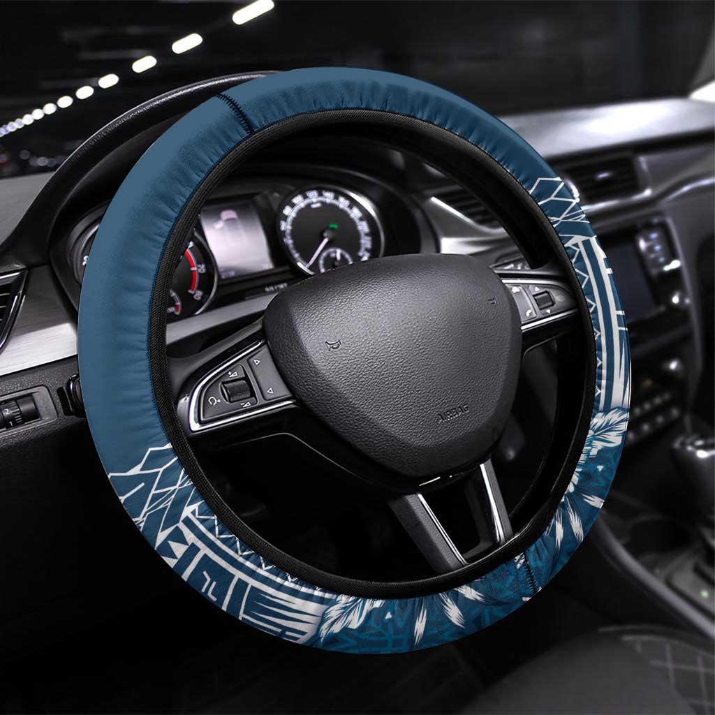 Kia Orana Cook Islands Steering Wheel Cover Tiare and Stars - Navy Blue LT7 Universal Fit Navy Blue - Polynesian Pride
