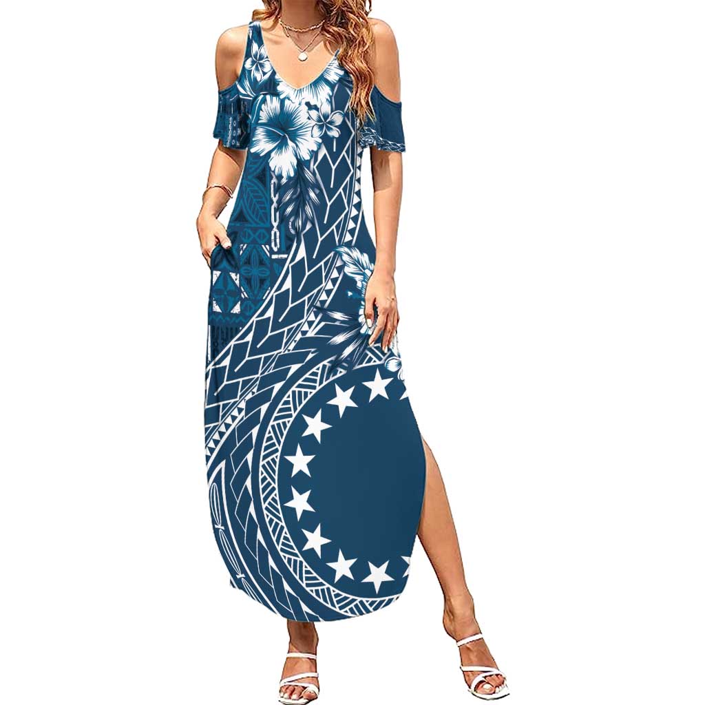 Kia Orana Cook Islands Summer Maxi Dress Tiare and Stars - Navy Blue LT7 Women Navy Blue - Polynesian Pride