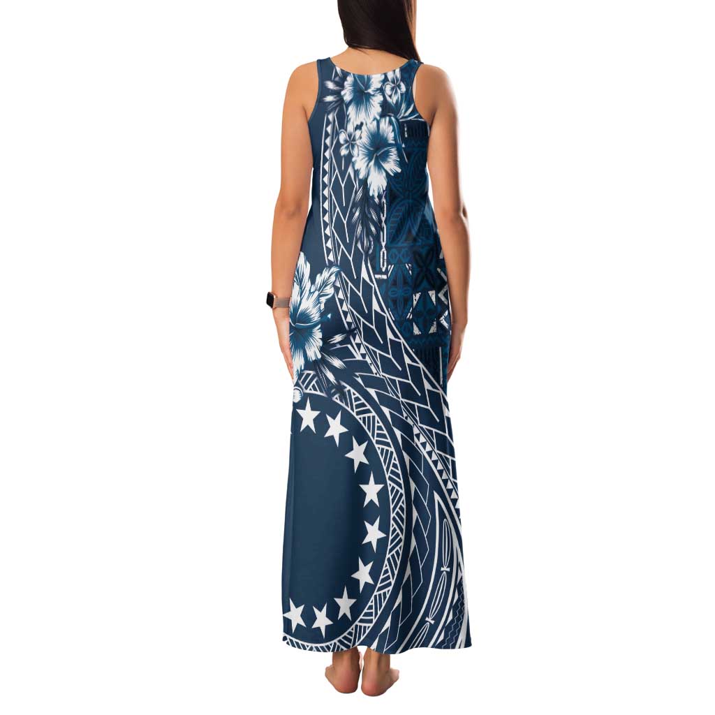 Kia Orana Cook Islands Tank Maxi Dress Tiare and Stars - Navy Blue LT7 - Polynesian Pride