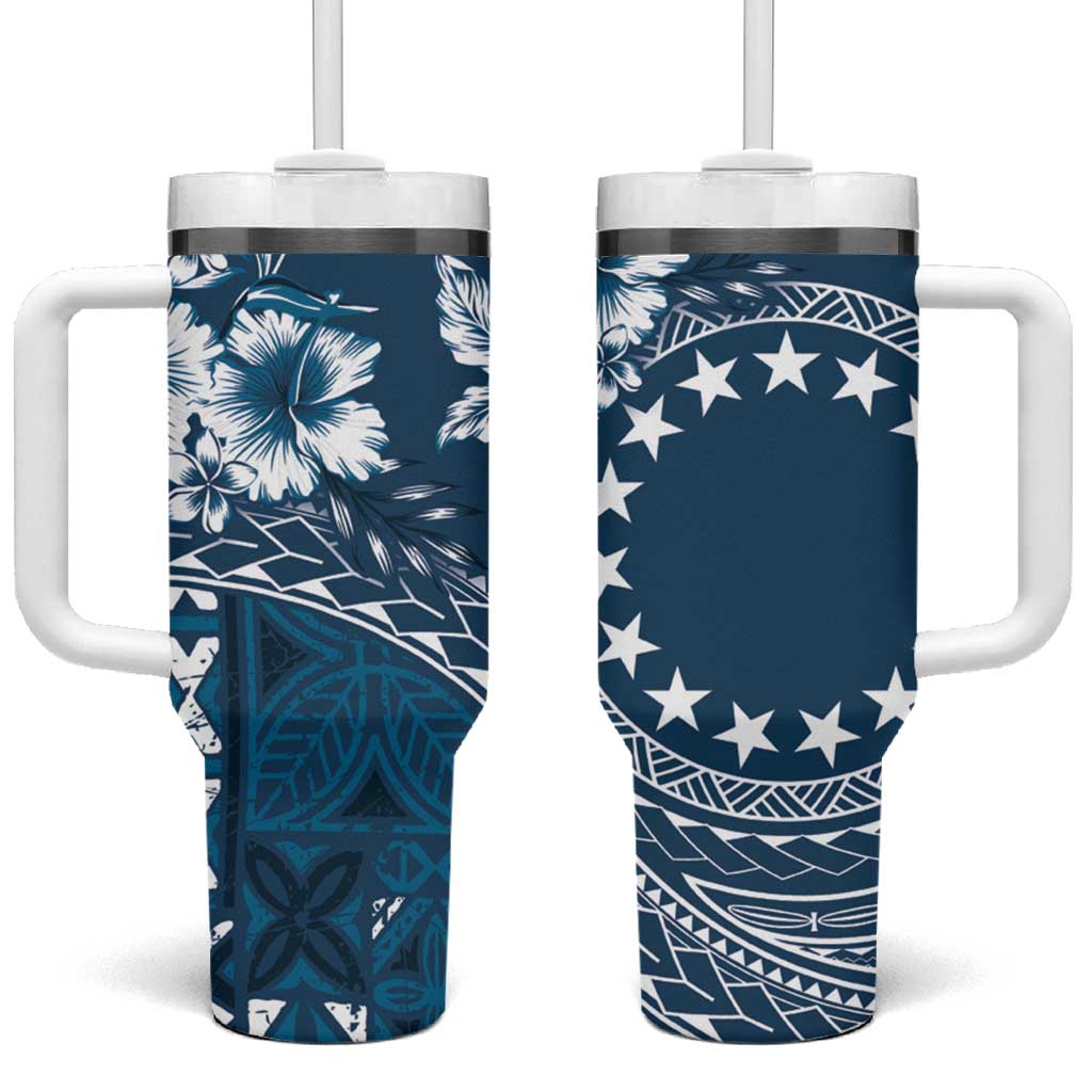Kia Orana Cook Islands Tumbler With Handle Tiare & Stars - Navy Blue LT7 One Size: 40 oz Navy Blue - Polynesian Pride