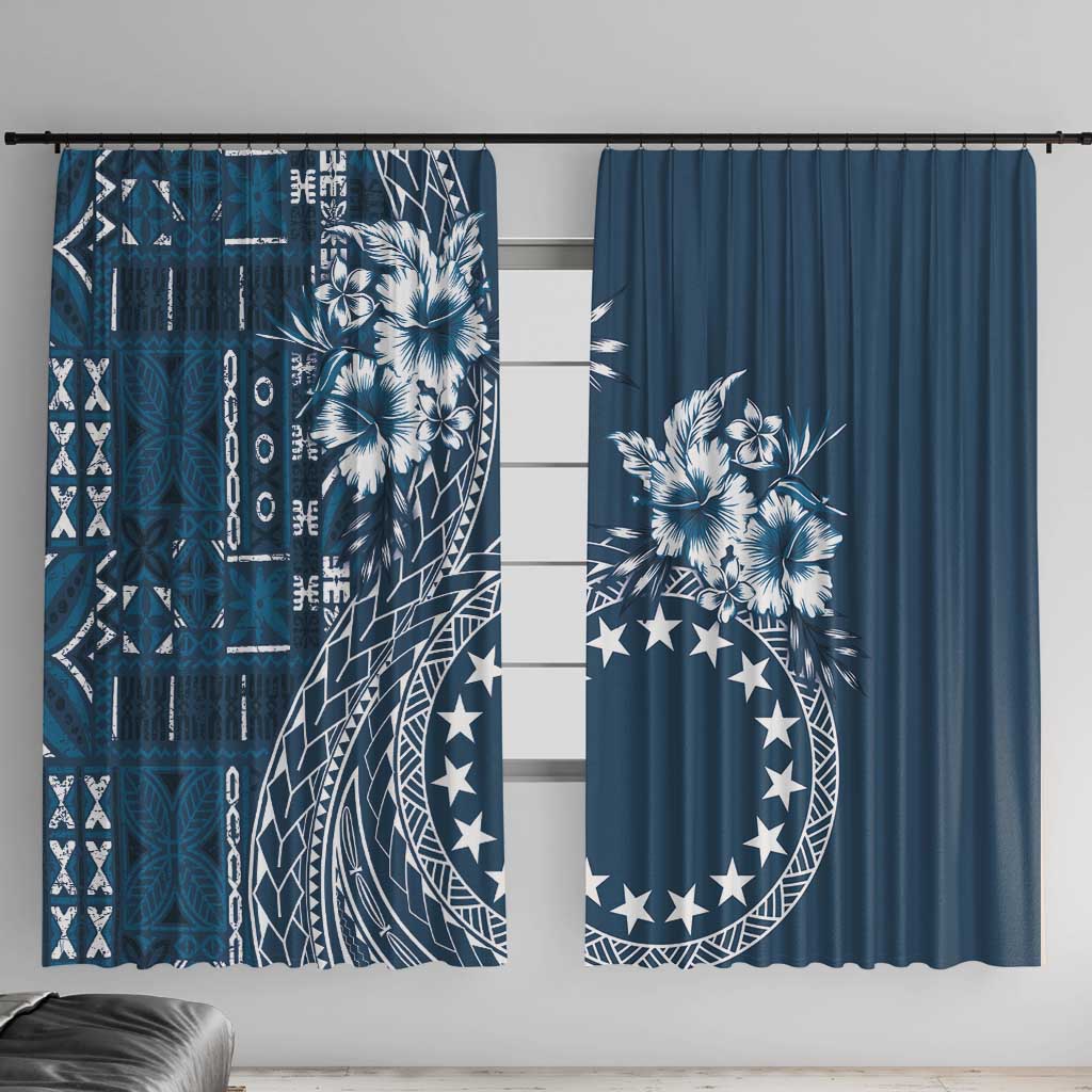 Kia Orana Cook Islands Window Curtain Tiare and Stars - Navy Blue LT7 With Hooks Navy Blue - Polynesian Pride