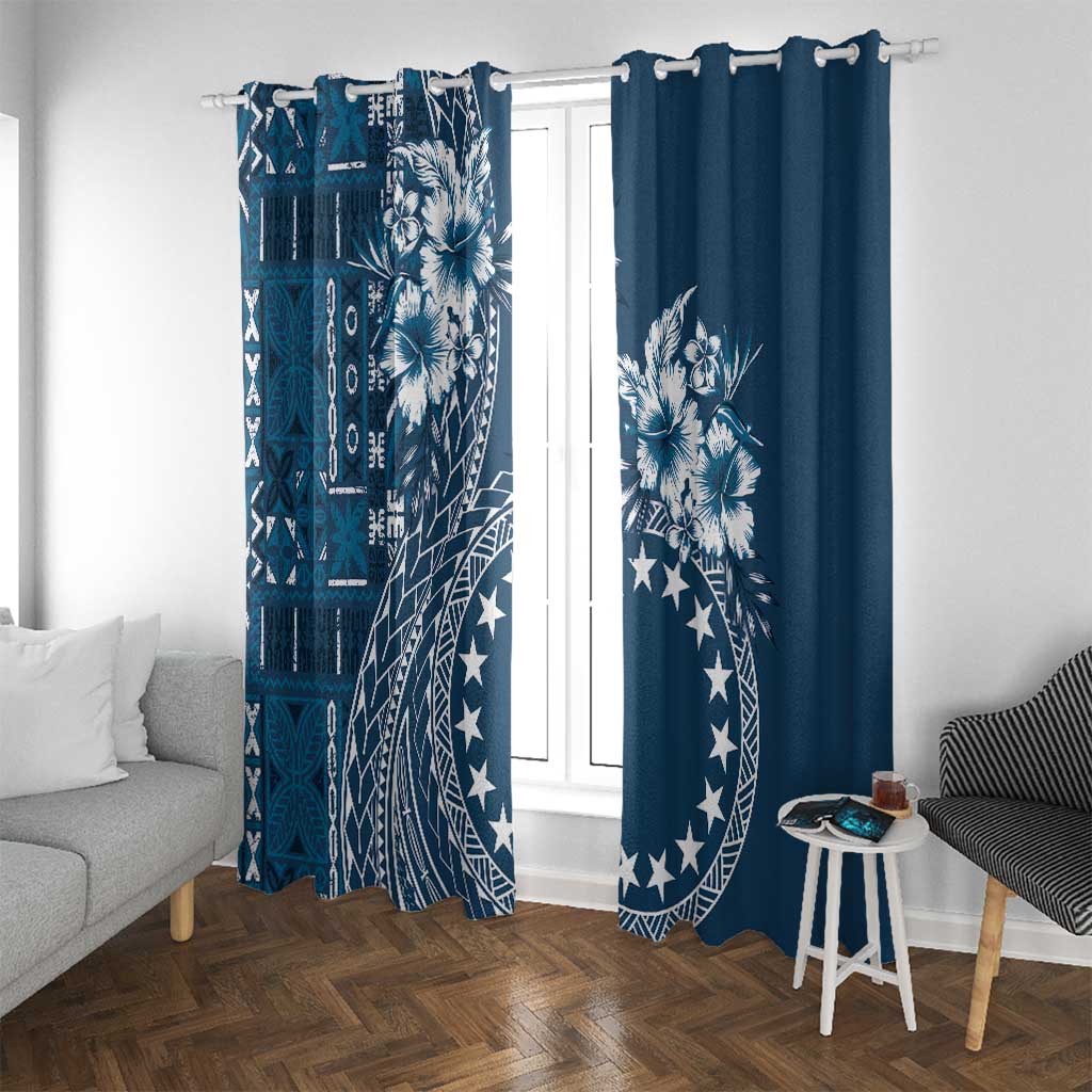 Kia Orana Cook Islands Window Curtain Tiare and Stars - Navy Blue LT7 With Grommets Navy Blue - Polynesian Pride