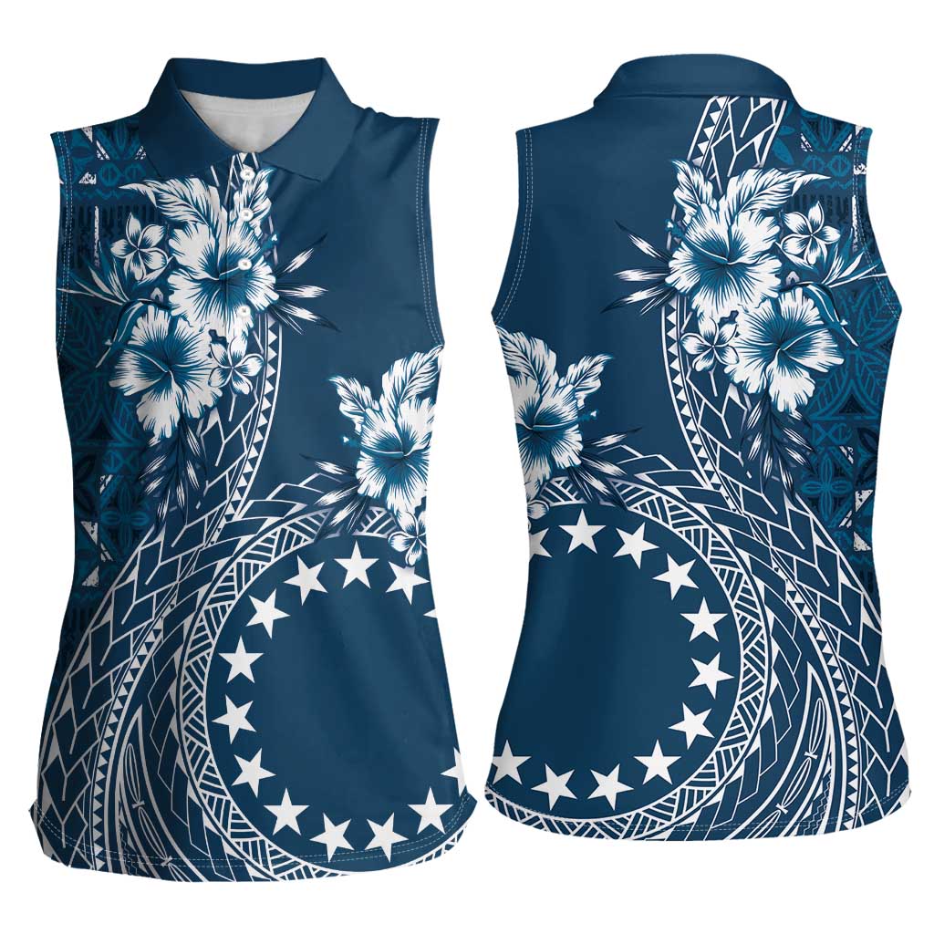 Kia Orana Cook Islands Women Sleeveless Polo Shirt Tiare and Stars - Navy Blue