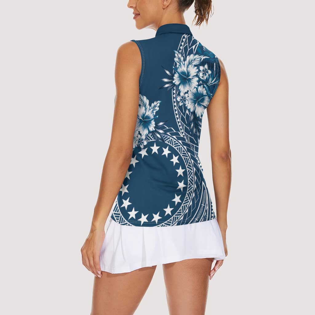 Kia Orana Cook Islands Women Sleeveless Polo Shirt Tiare and Stars - Navy Blue
