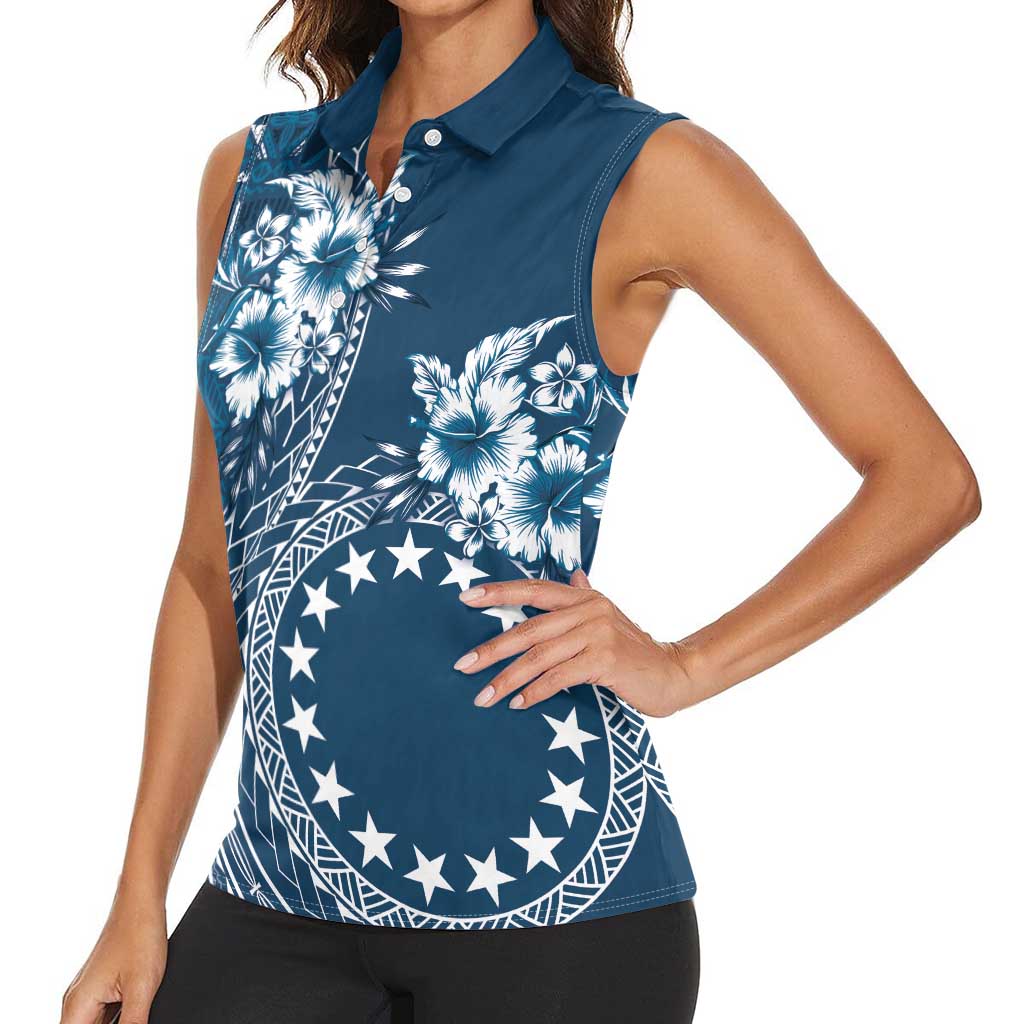 Kia Orana Cook Islands Women Sleeveless Polo Shirt Tiare and Stars - Navy Blue