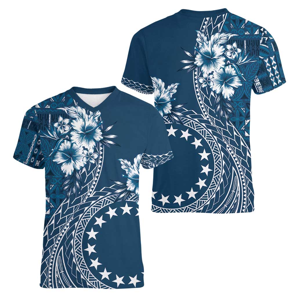 Kia Orana Cook Islands Women V-Neck T-Shirt Tiare and Stars - Navy Blue