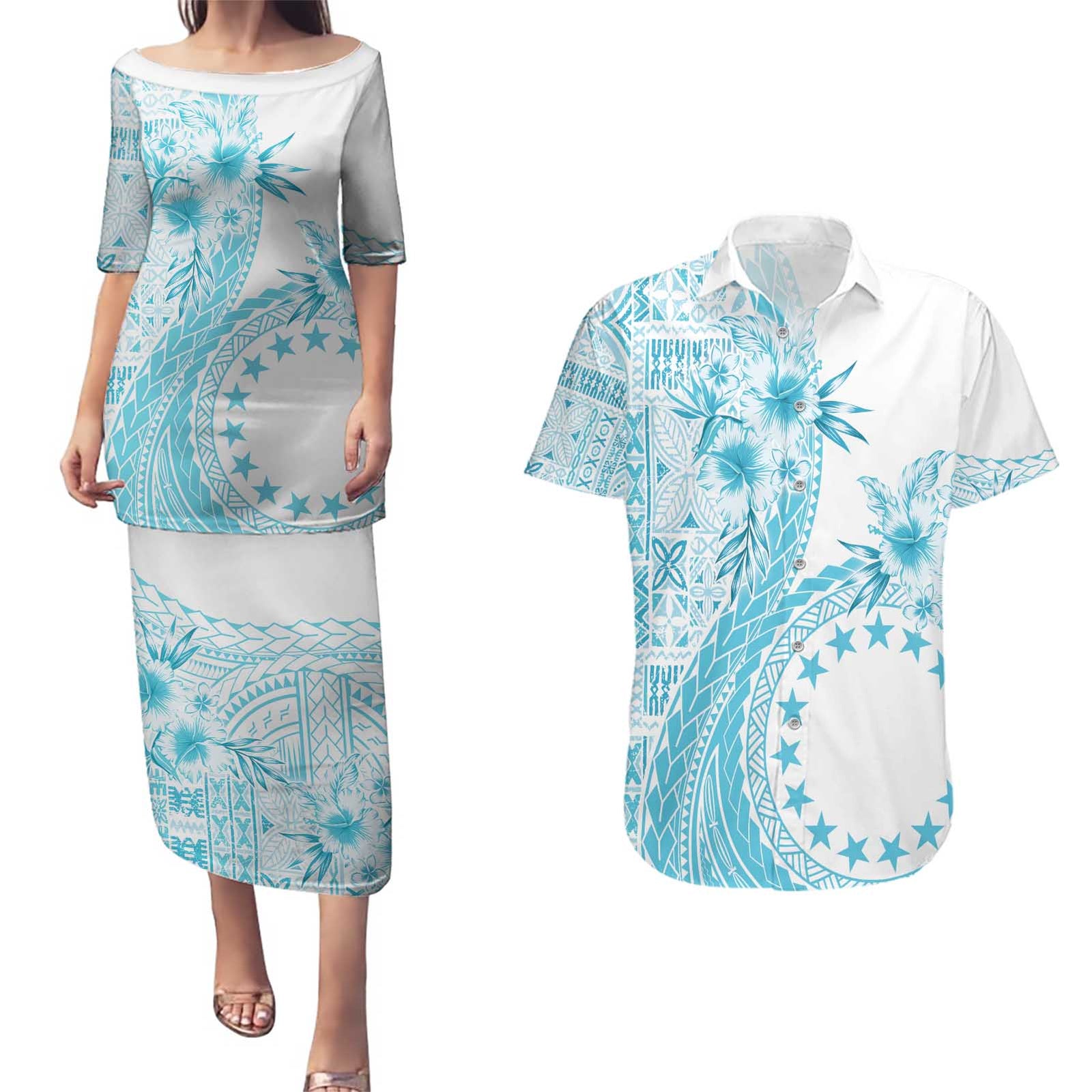 Kia Orana Cook Islands Couples Matching Puletasi and Hawaiian Shirt Tiare and Stars - Turquoise LT7 Turquoise - Polynesian Pride
