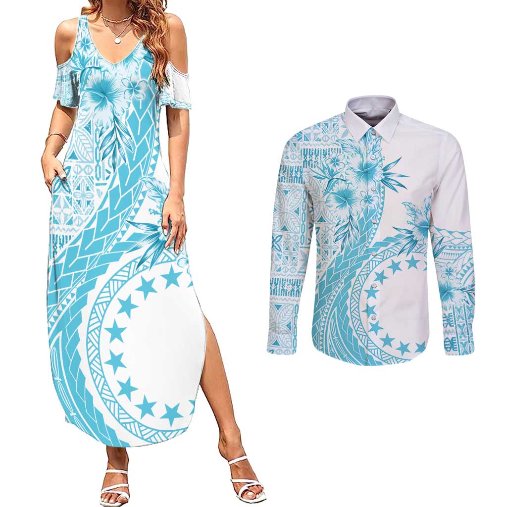 Kia Orana Cook Islands Couples Matching Summer Maxi Dress and Long Sleeve Button Shirt Tiare and Stars - Turquoise LT7 Turquoise - Polynesian Pride