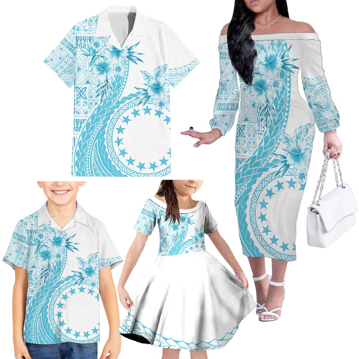 Kia Orana Cook Islands Family Matching Off The Shoulder Long Sleeve Dress and Hawaiian Shirt Tiare and Stars - Turquoise LT7 - Polynesian Pride