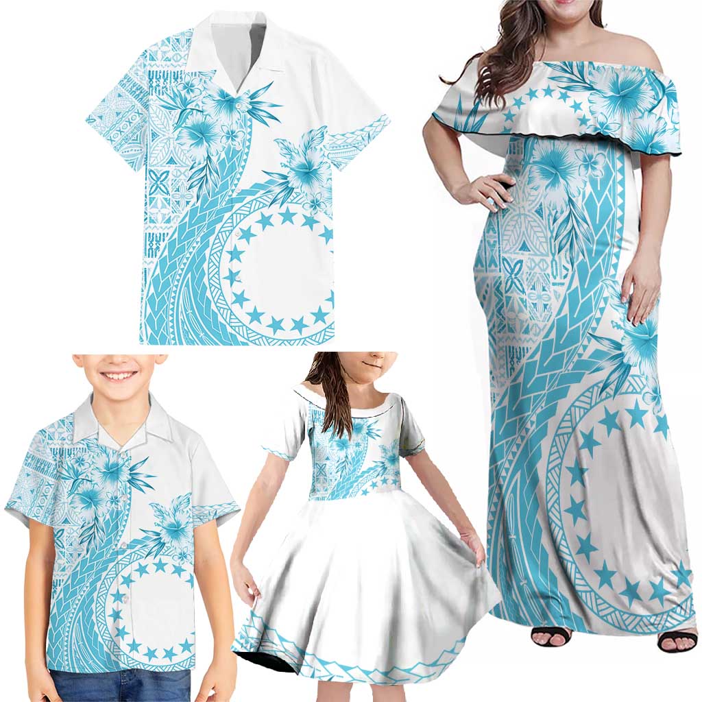 Kia Orana Cook Islands Family Matching Off Shoulder Maxi Dress and Hawaiian Shirt Tiare and Stars - Turquoise