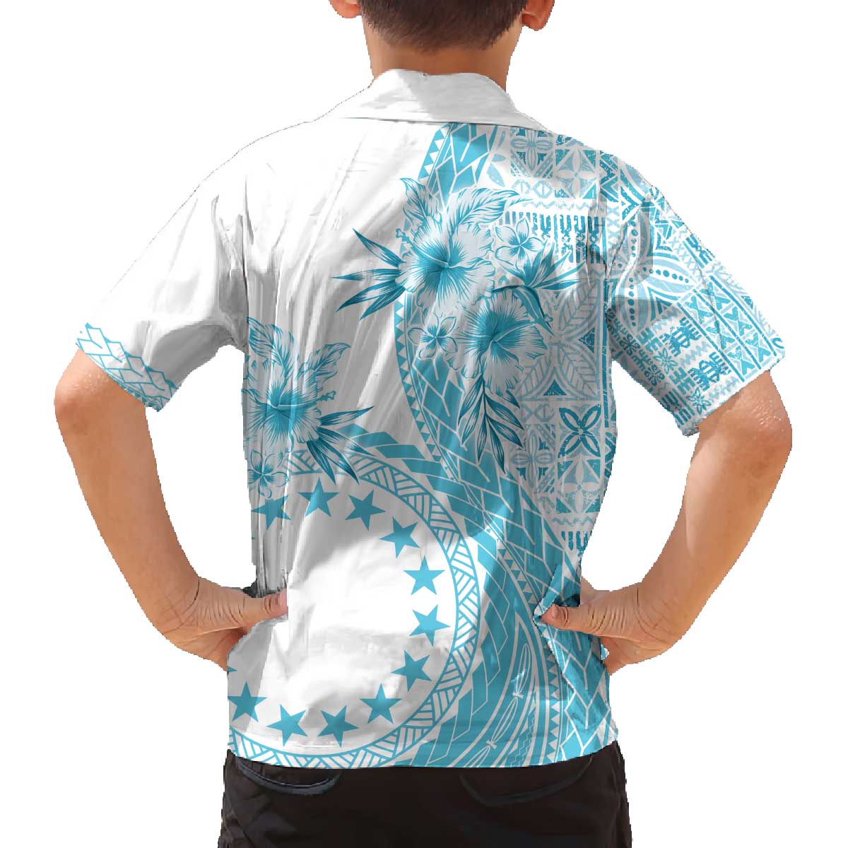 Kia Orana Cook Islands Family Matching Off Shoulder Short Dress and Hawaiian Shirt Tiare and Stars - Turquoise