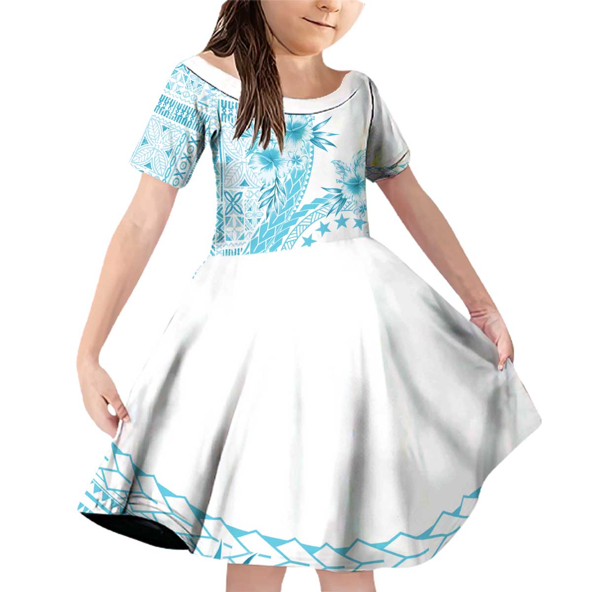 Kia Orana Cook Islands Family Matching Off Shoulder Short Dress and Hawaiian Shirt Tiare and Stars - Turquoise