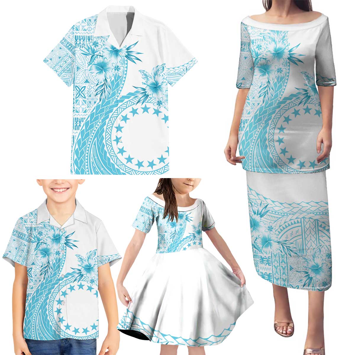 Kia Orana Cook Islands Family Matching Puletasi and Hawaiian Shirt Tiare and Stars - Turquoise LT7 - Polynesian Pride