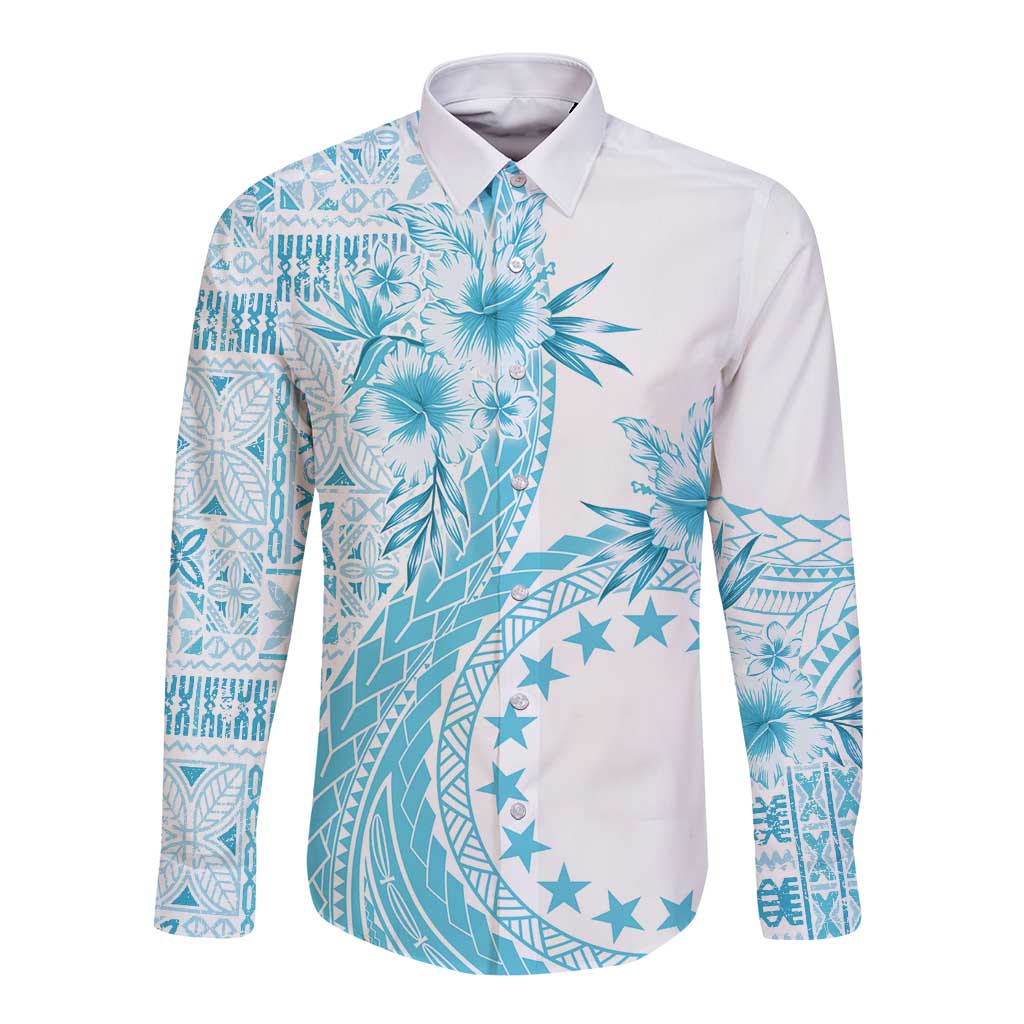 Kia Orana Cook Islands Long Sleeve Button Shirt Tiare and Stars - Turquoise