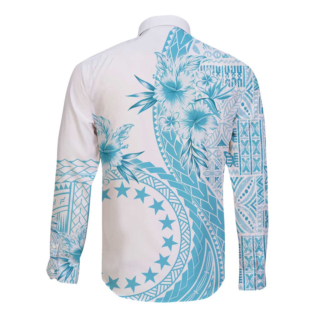 Kia Orana Cook Islands Long Sleeve Button Shirt Tiare and Stars - Turquoise