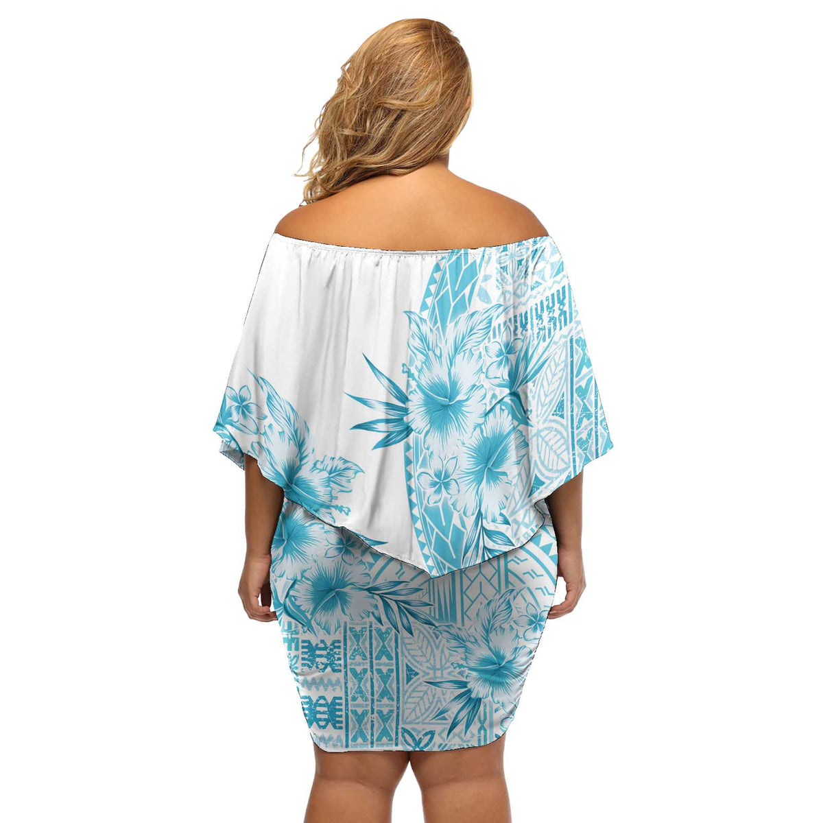 Kia Orana Cook Islands Off Shoulder Short Dress Tiare and Stars - Turquoise LT7 - Polynesian Pride