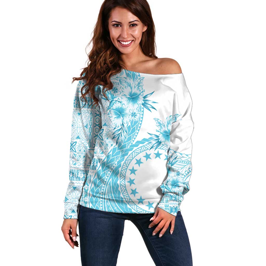 Kia Orana Cook Islands Off Shoulder Sweater Tiare and Stars - Turquoise